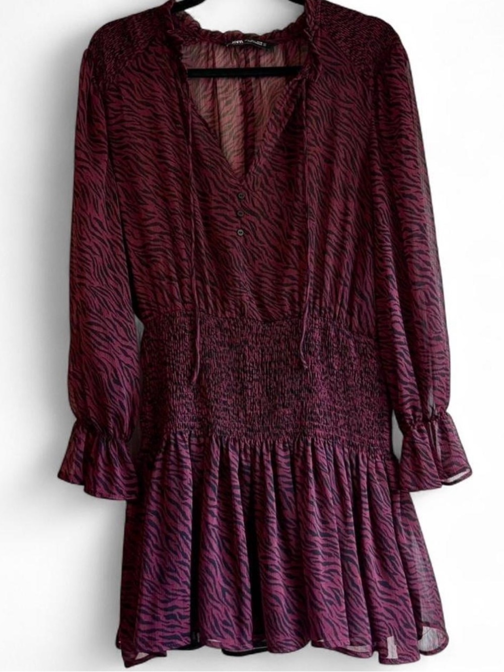 Zara Burgundy Zebra-Print Long Sleeve Smocked Dress